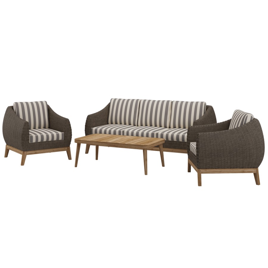 5 Seater Brown Rattan Garden Sofa Set with Striped Cushions & Coffee Table
