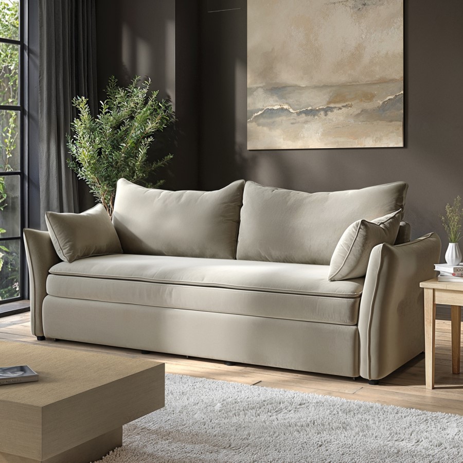 3 Seater Pull-Out Sofa Bed with Storage in Beige Velvet - Gaia