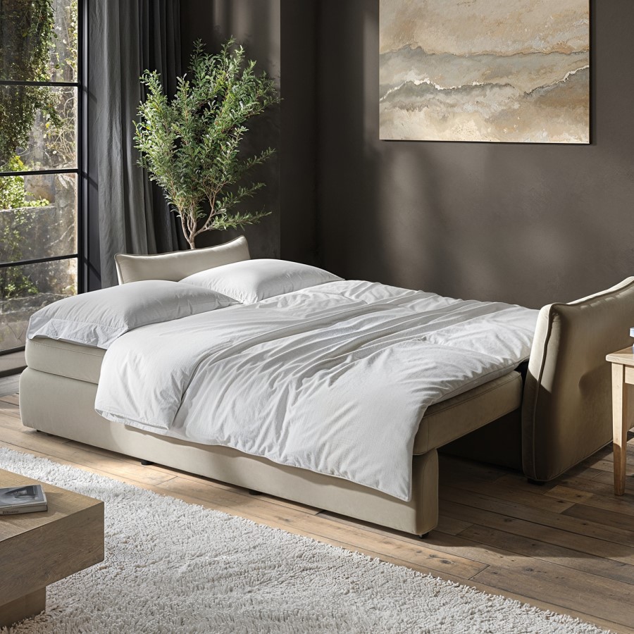 3 Seater Pull-Out Sofa Bed with Storage in Beige Velvet - Gaia