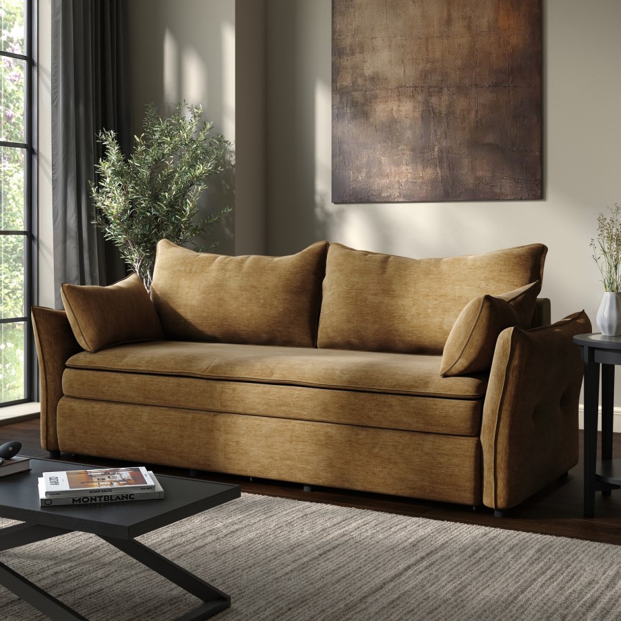 3 Seater Pull-Out Sofa Bed with Storage in Caramel Brown Chenille - Gaia
