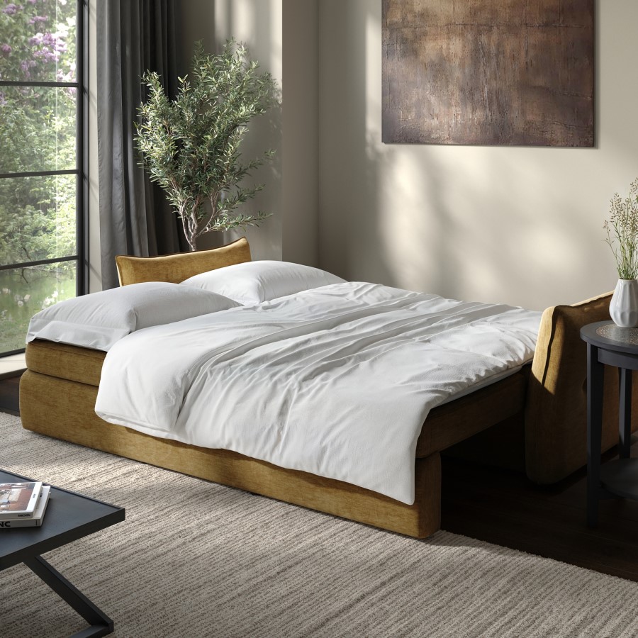 3 Seater Pull-Out Sofa Bed with Storage in Caramel Brown Chenille - Gaia