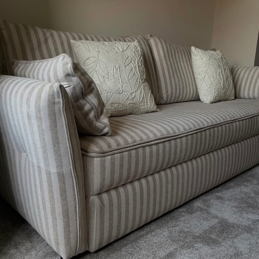 3 Seater Pull-Out Sofa Bed with Storage in Beige Striped Chenille - Gaia