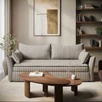 3 Seater Pull-Out Sofa Bed with Storage in Beige Striped Chenille - Gaia