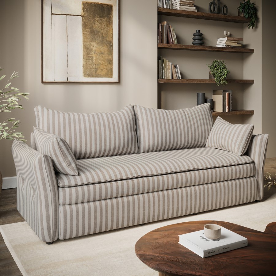 3 Seater Pull-Out Sofa Bed with Storage in Beige Striped Chenille - Gaia