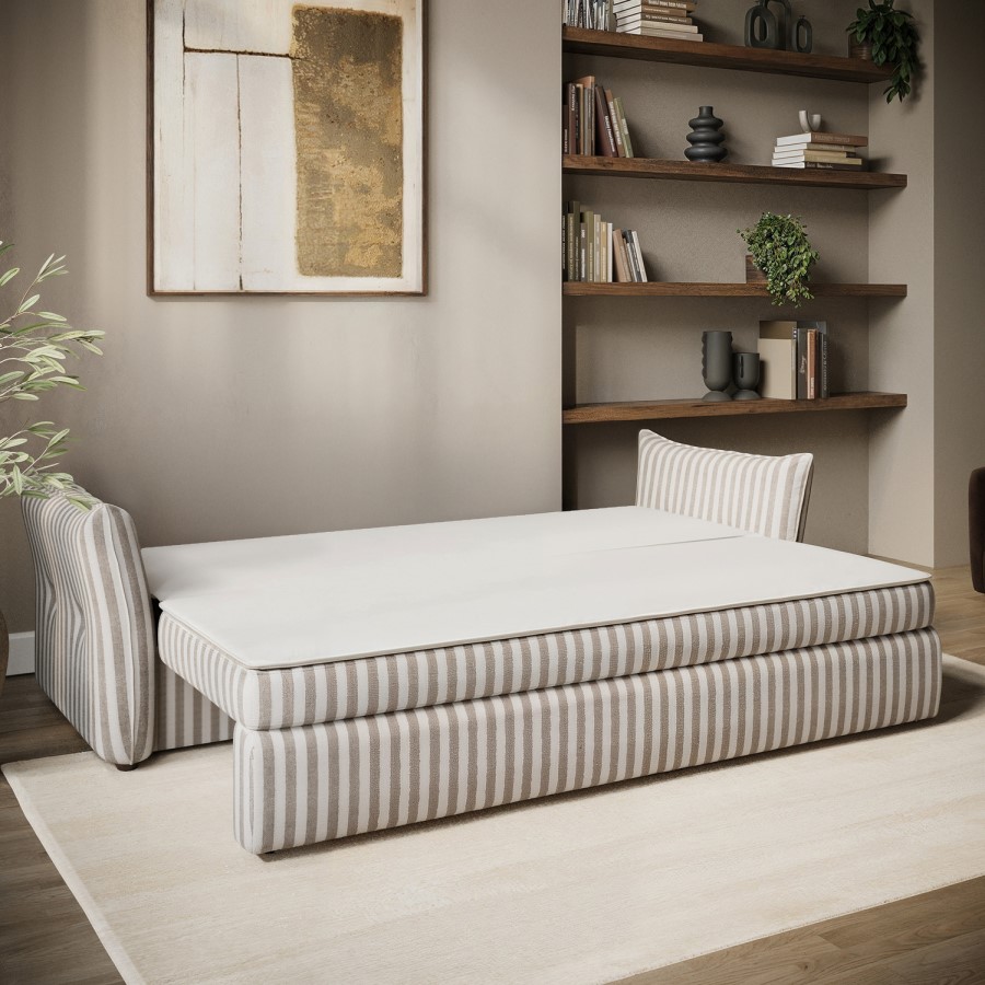 3 Seater Pull-Out Sofa Bed with Storage in Beige Striped Chenille - Gaia