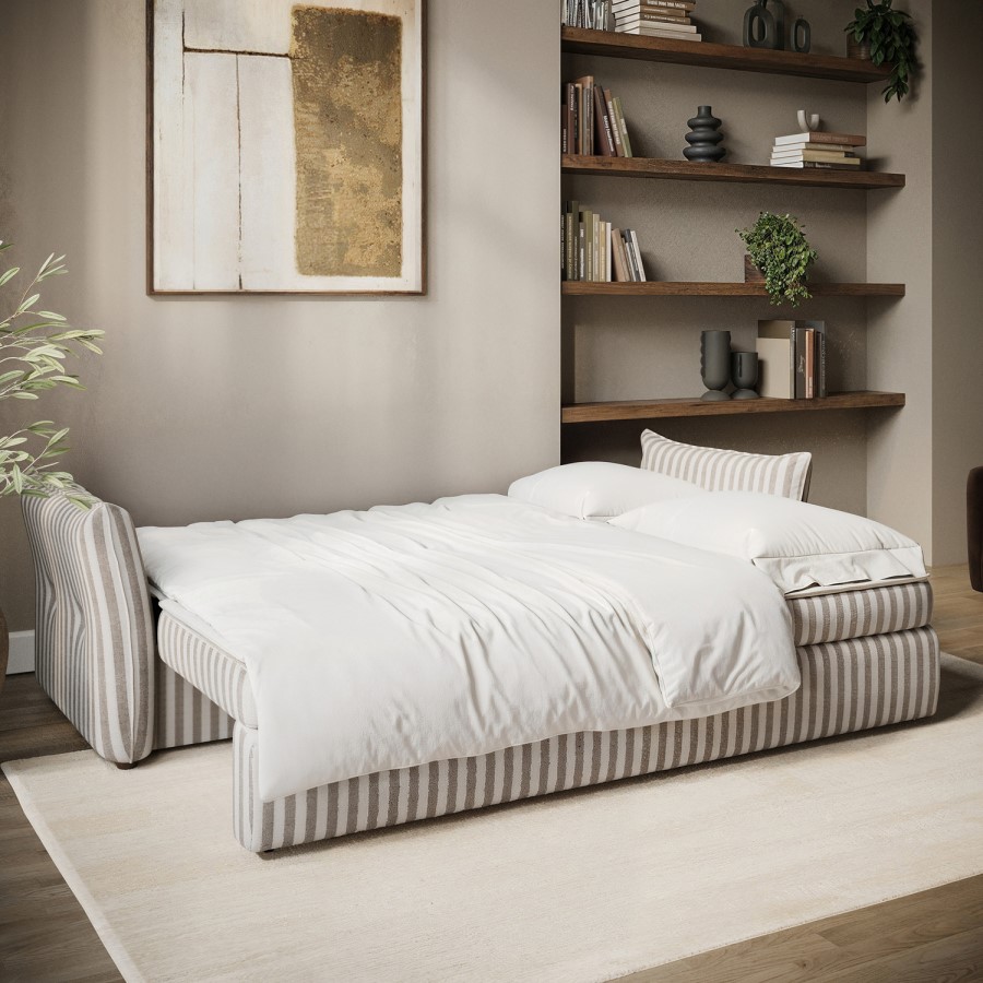 3 Seater Pull-Out Sofa Bed with Storage in Beige Striped Chenille - Gaia