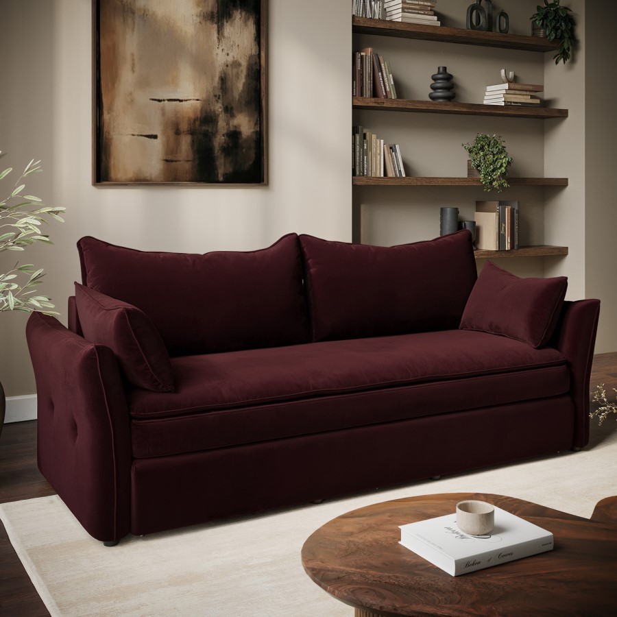 3 Seater Pull-Out Sofa Bed with Storage in Burgundy Velvet - Gaia