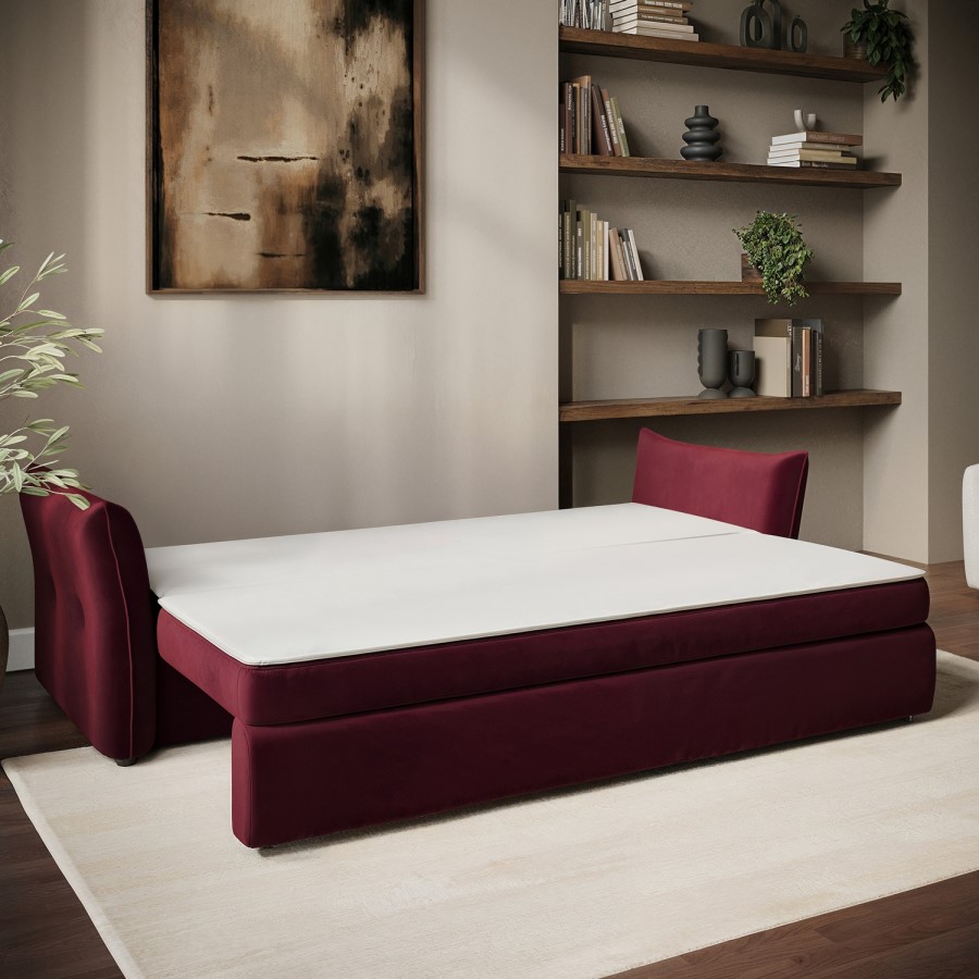 3 Seater Pull-Out Sofa Bed with Storage in Burgundy Velvet - Gaia