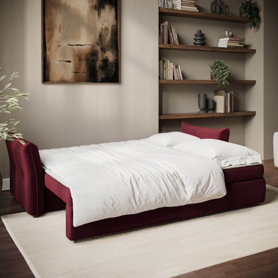 3 Seater Pull-Out Sofa Bed with Storage in Burgundy Velvet - Gaia