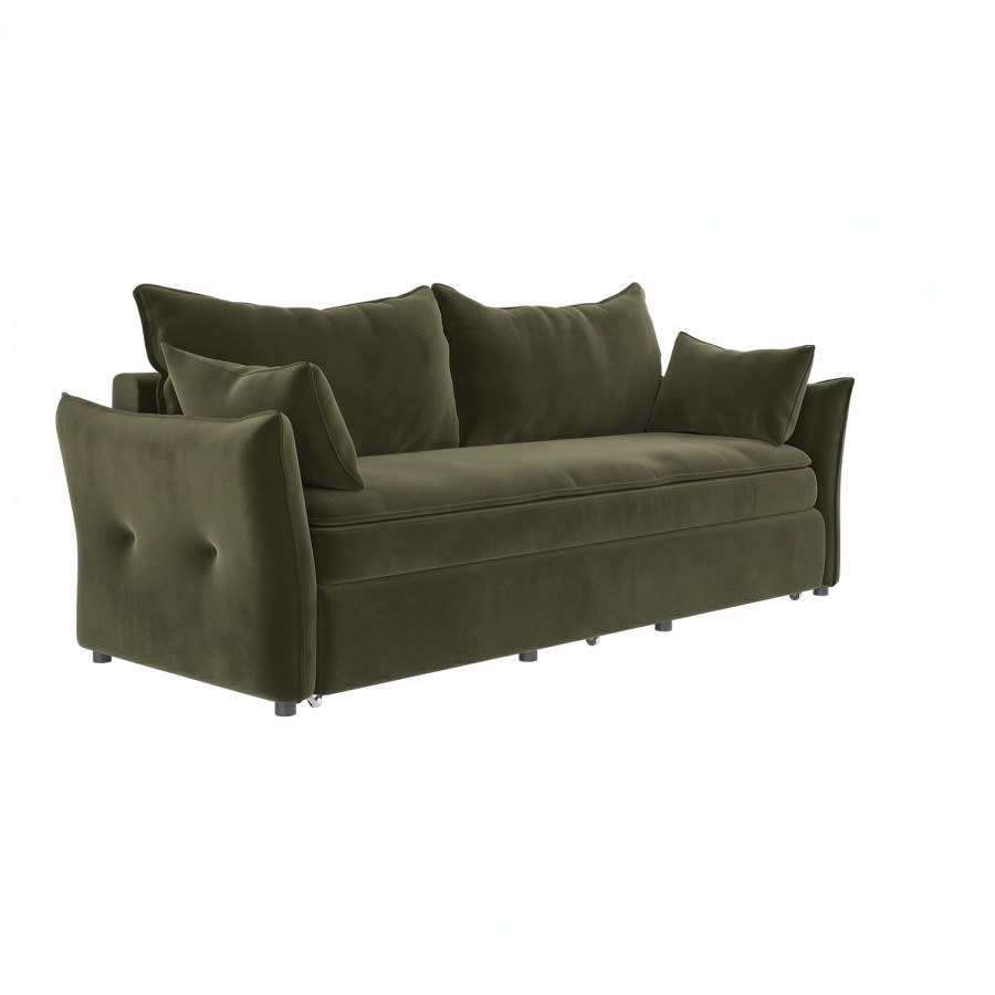 3 Seater Pull-Out Sofa Bed with Storage in Khaki Green Velvet - Gaia