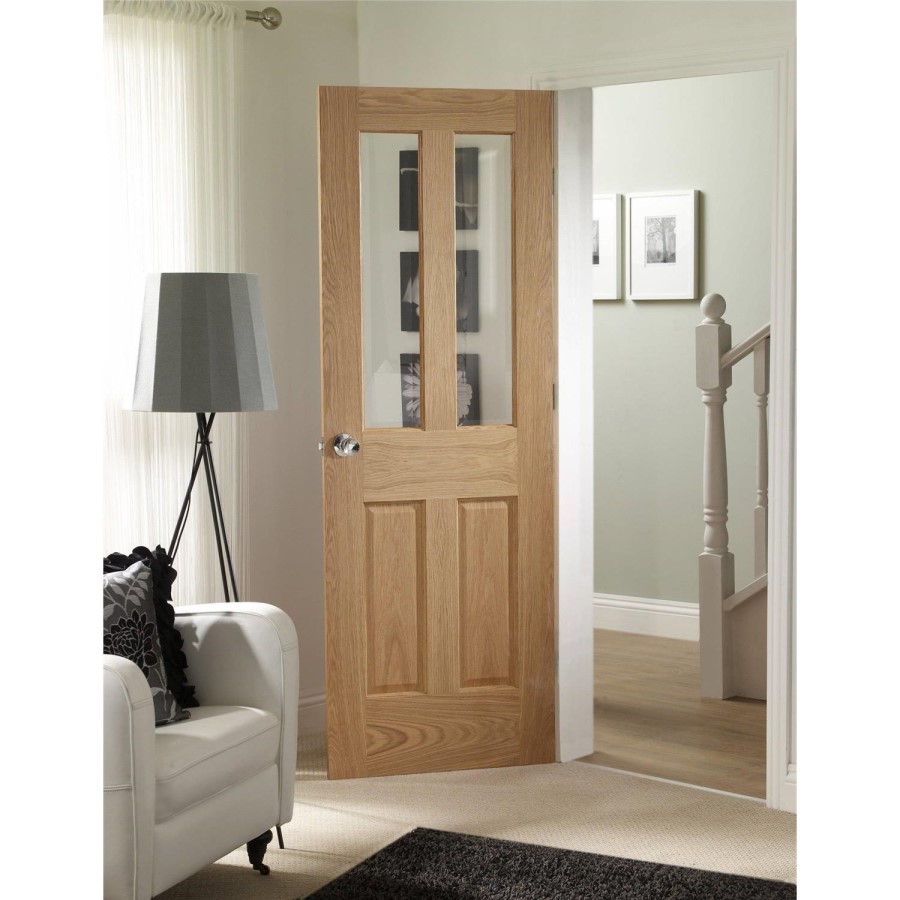 Internal Oak Glazed Victorian 4-Panel Door with Clear Bevelled Glass - Unfinished - 2040 x 826 x 40mm - Victoria - XL Joinery