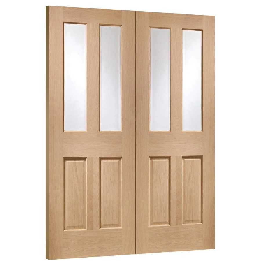 Internal Oak Glazed Victorian 4-Panel Rebated French Doors with Clear Bevelled Glass - Unfinished - 1981 x 1372 x 40mm - Victoria - XL Joinery