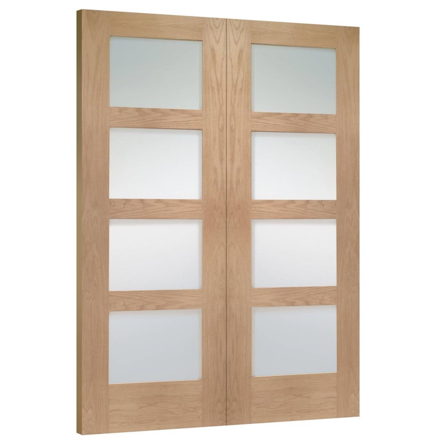 Internal Oak Glazed 4-Panel Shaker Rebated French Doors with Clear Glass - Unfinished - 1981 x 1372 x 40mm - 4 Light - XL Joinery