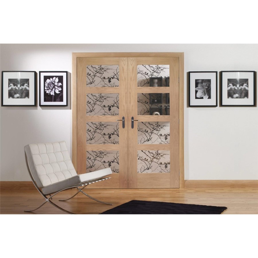Internal Oak Glazed 4-Panel Shaker Rebated French Doors with Clear Glass - Unfinished - 1981 x 1372 x 40mm - 4 Light - XL Joinery