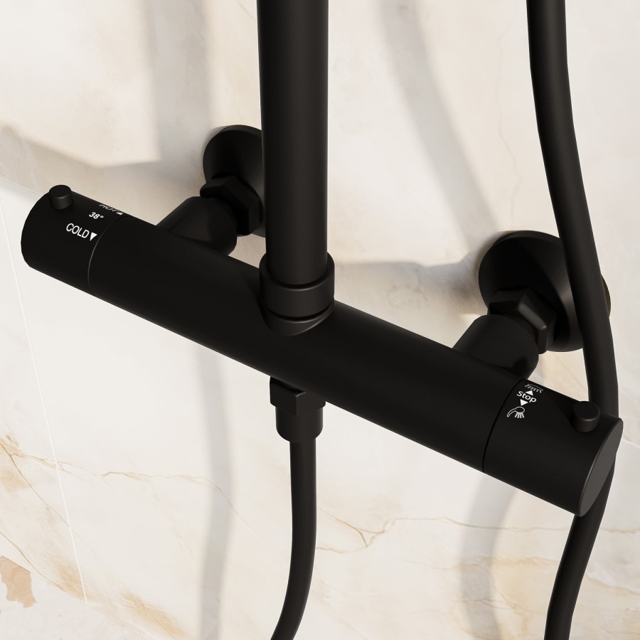Black Thermostatic Mixer Shower Set with Rainfall-Style Curved Arm Hand Shower with Slide Rail Kit - Grace