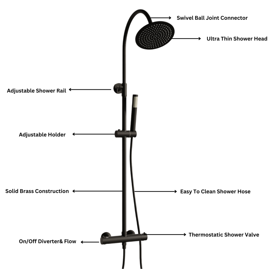 Black Thermostatic Mixer Shower Set with Rainfall-Style Curved Arm Hand Shower with Slide Rail Kit - Grace
