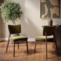 Set of 2 Olive Green Velvet Dining Chairs with Walnut Legs - Greta