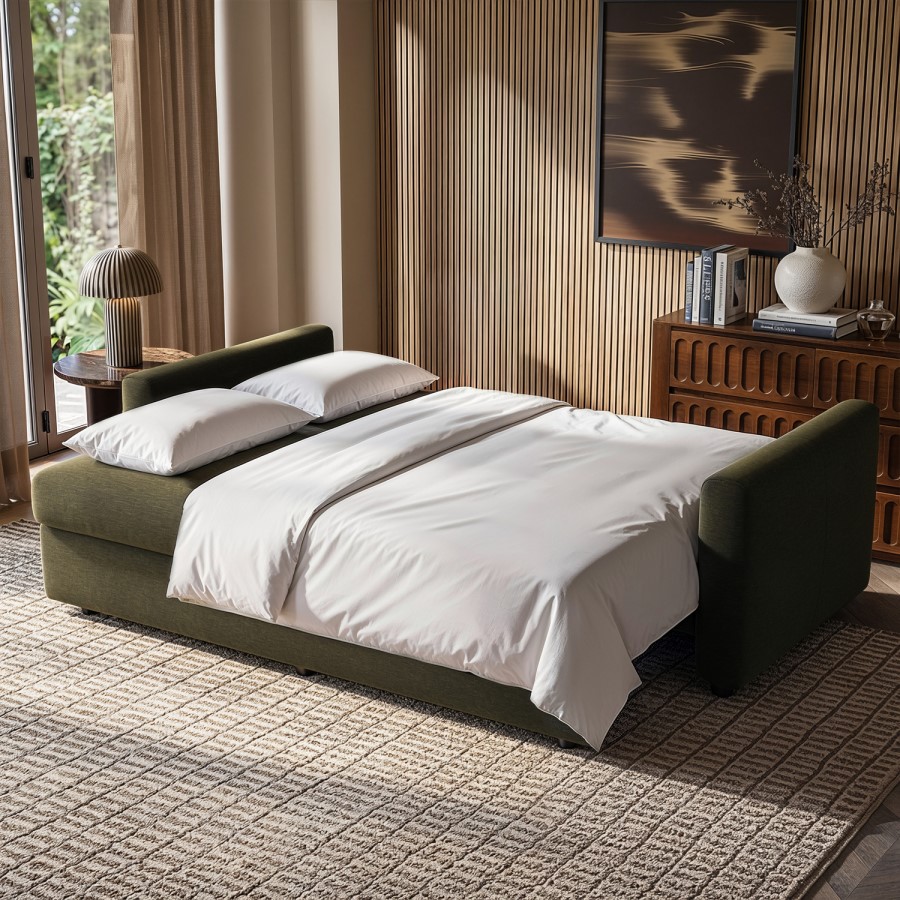 4 Seater King Size Pull-Out Sofa Bed with Storage in Khaki Green Chenille - Grayson