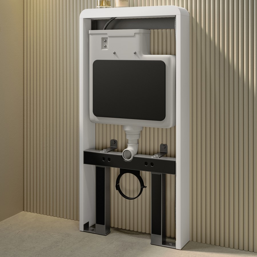 White Glass Cabinet with Cistern, Frame & Pneumatic Dual Flush Button for Wall Hung Toilets - Hako