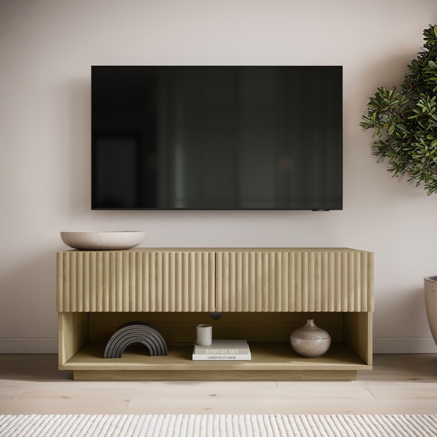 Small Oak Ribbed TV Stand with Storage - TV's up to 55" - Hazel