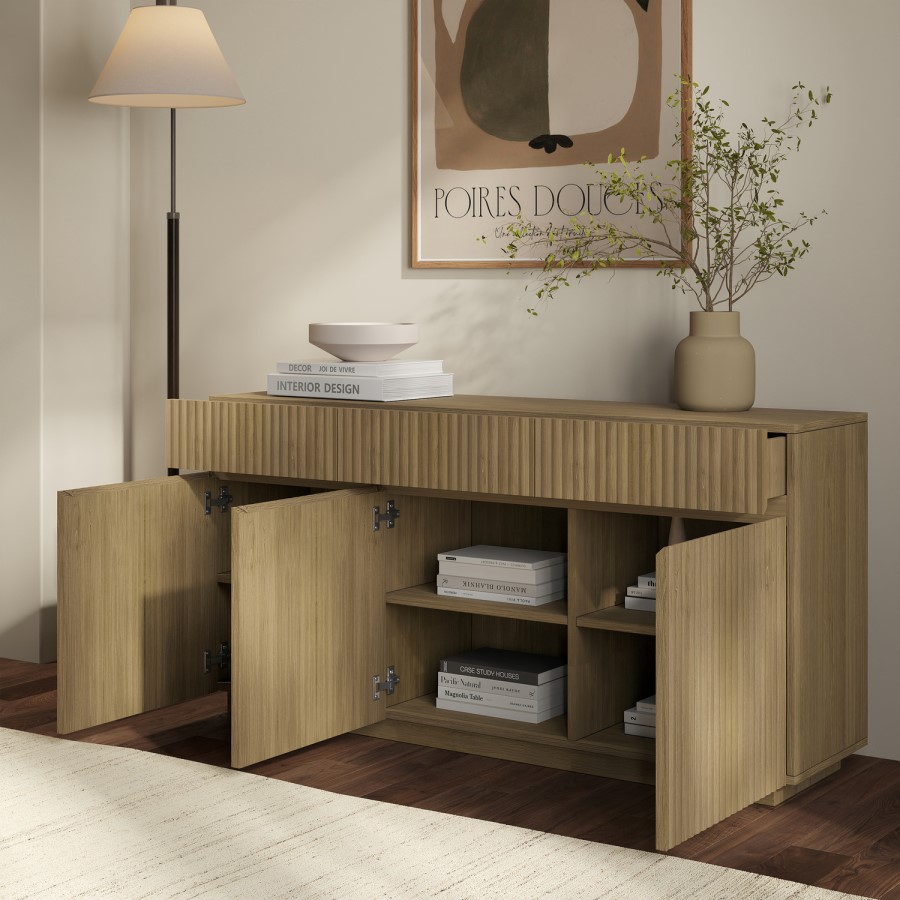 Large Oak Fluted Sideboard with Cupboards and Drawers - Hazel