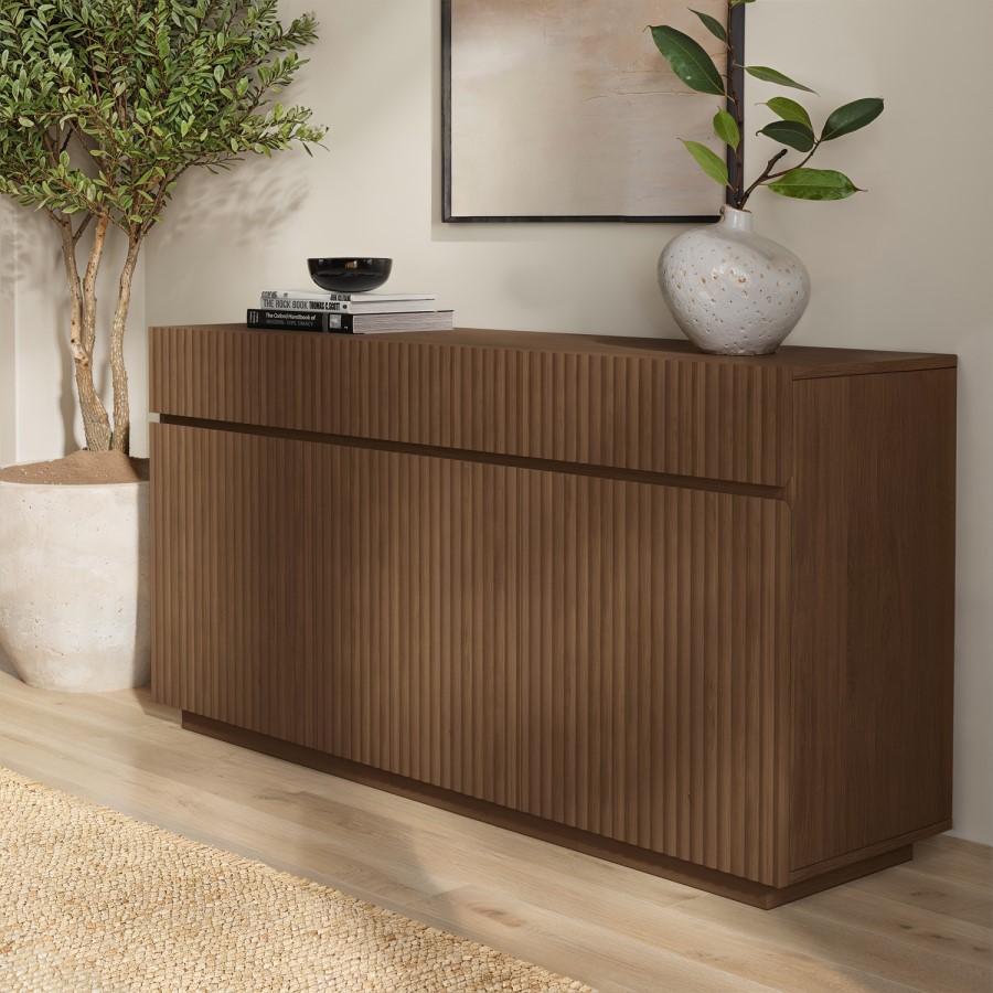 Large Walnut Fluted Sideboard with Cupboards and Drawers - Hazel