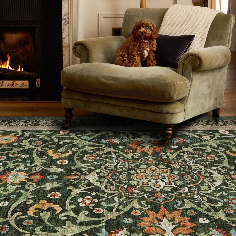 Washable Green Vintage Floral Rug - 275 x 185 cm - Country Paisley - Origins