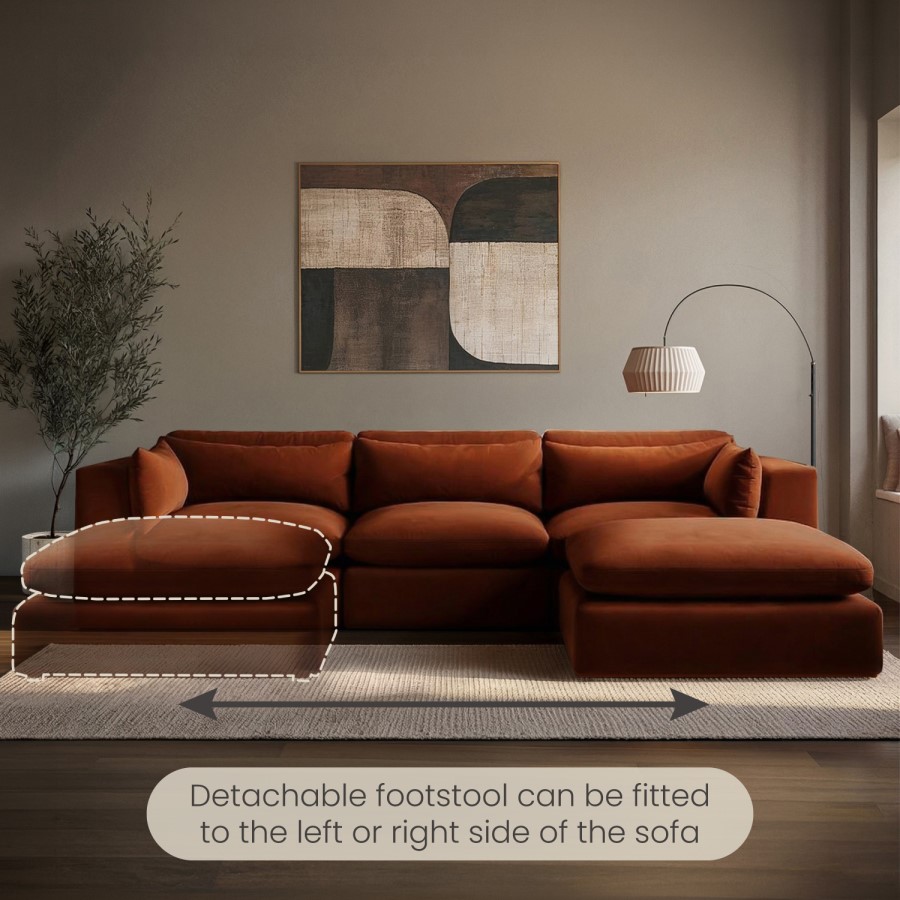 Burnt Orange Velvet 4 Seater Reversible Chaise L-Shape Corner Sofa - Hudson