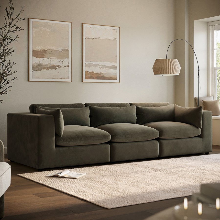 ALMOST PERFECT - Hudson Khaki Green Velvet 4 Seater Sofa