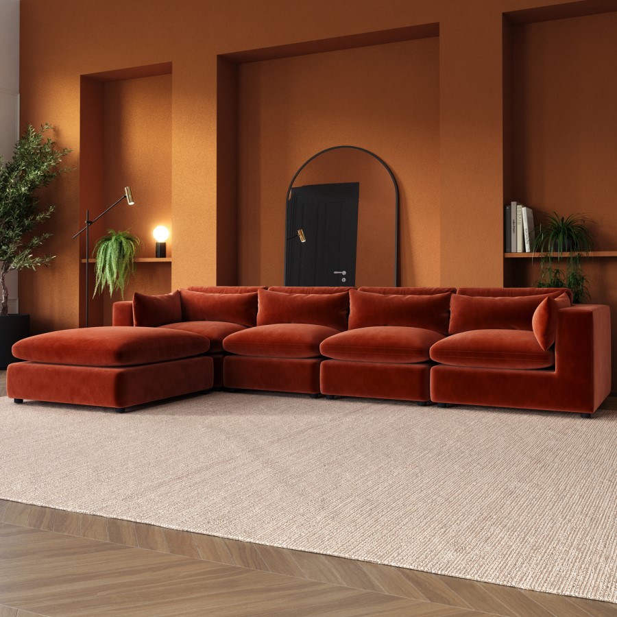 ALMOST PERFECT - Large Burnt Orange Velvet Reversible 5 Seater Chaise Corner Sofa - Hudson