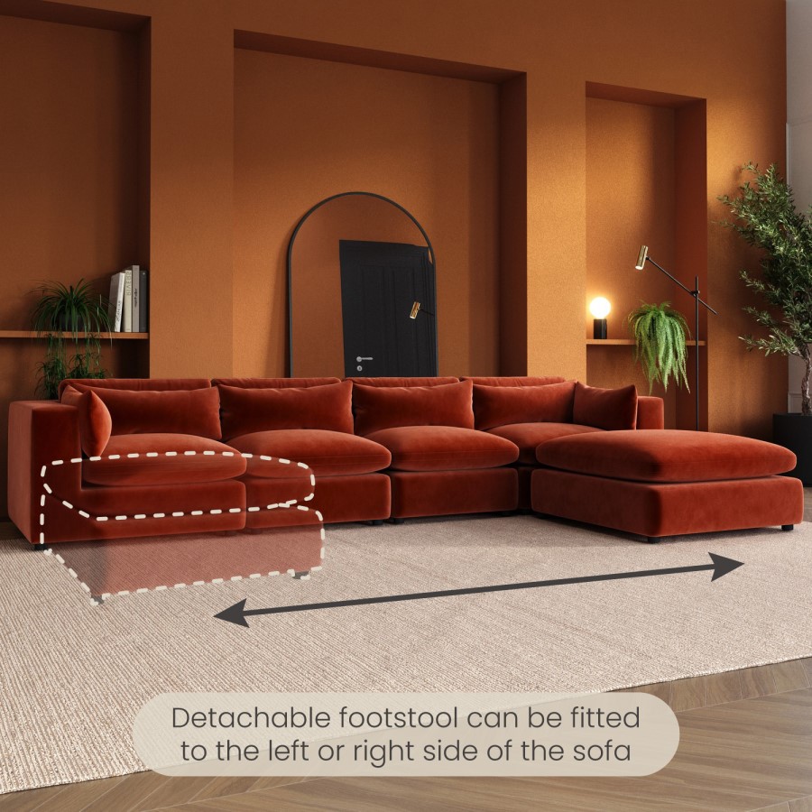 ALMOST PERFECT - Large Burnt Orange Velvet Reversible 5 Seater Chaise Corner Sofa - Hudson