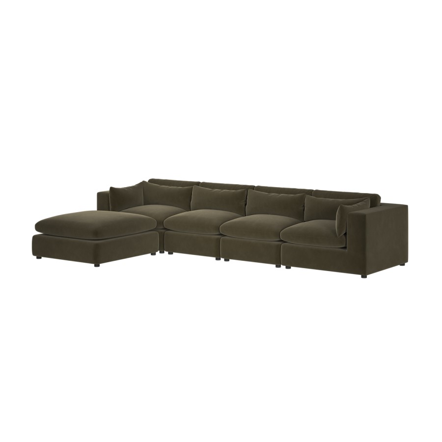 Khaki Green Velvet 5 Seater L-Shape Corner Sofa with Reversible Chaise - Hudson