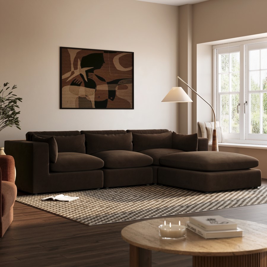 Chocolate Brown Velvet 4 Seater L-Shape Corner Sofa with Reversible Chaise - Hudson