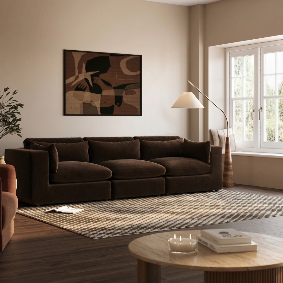 Chocolate Brown Velvet 4 Seater Sofa - Hudson