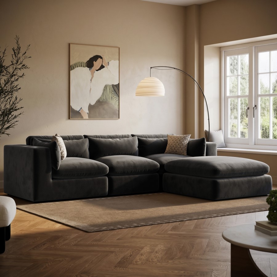 Large Charcoal Grey Velvet Reversible 4 Seater Chaise Corner Sofa - Hudson