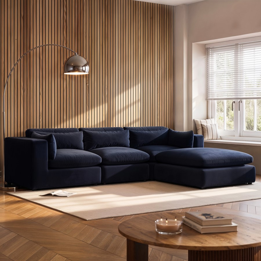 Navy Blue Velvet 4 Seater Reversible Chaise L-Shape Corner Sofa - Hudson