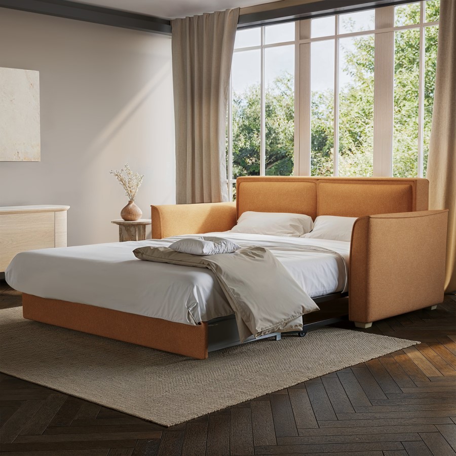 2 Seater Large Pull-Out Sofa Bed with Storage in Orange Fabric - Hunter