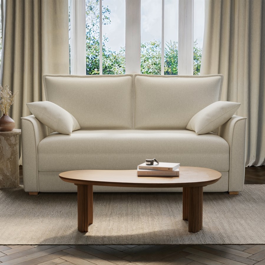 2 Seater Large Pull-Out Sofa Bed with Storage in Beige Fabric - Hunter