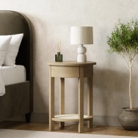 Light Oak Circular Bedside Table with Drawer and Shelf - Ida