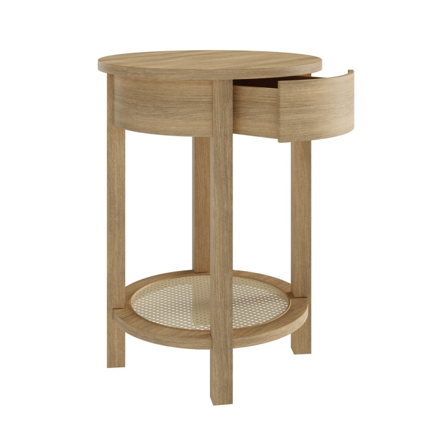 Light Oak Circular Bedside Table with Drawer and Shelf - Ida