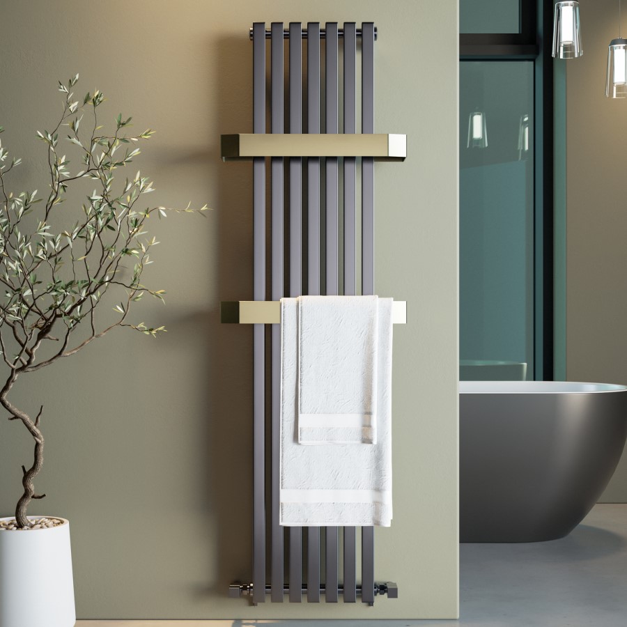 Gunmetal Vertical Single Panel Radiator with Brass Towel Bars 1600 x 500mm - Iraya
