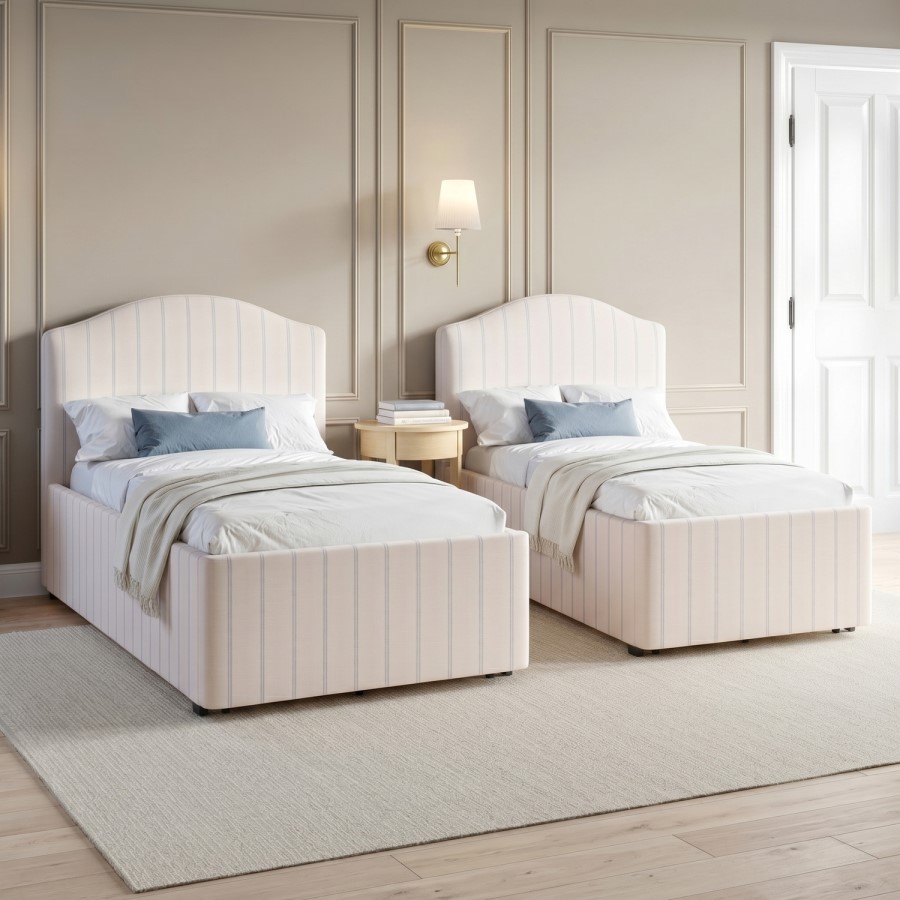 Cream Striped Upholstered Single Bed Frame with Storage Drawer - Isabelle