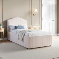 Cream Striped Upholstered Single Bed Frame with Storage Drawer - Isabelle