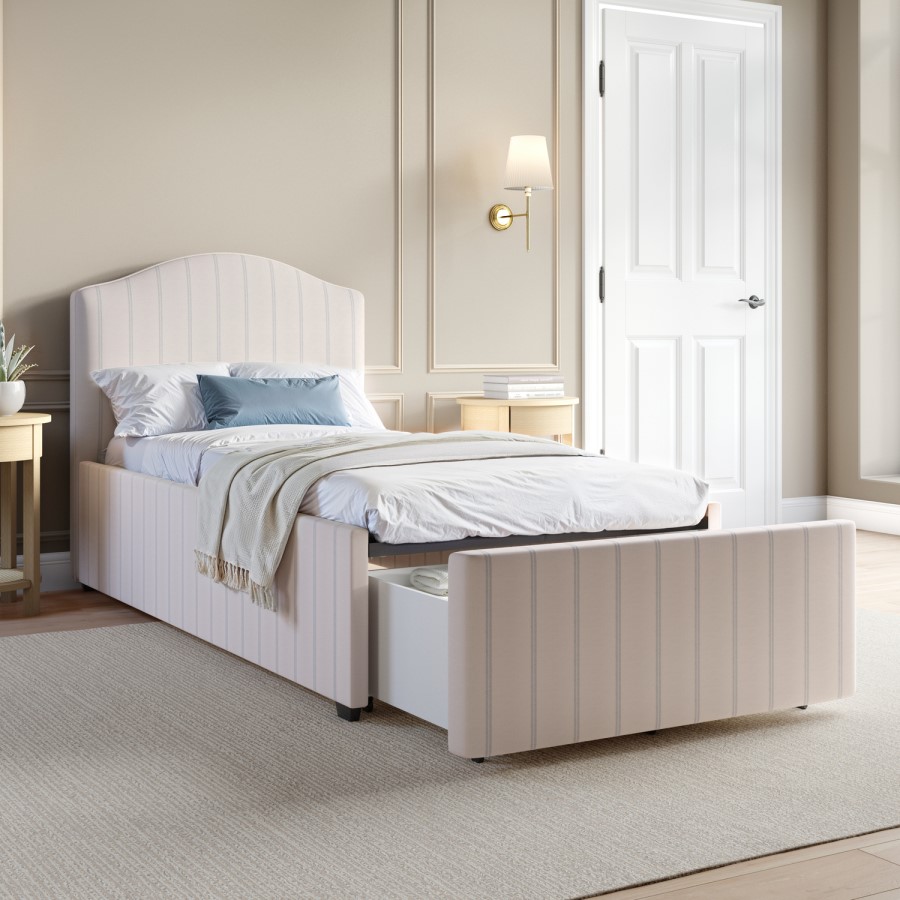 Cream Striped Upholstered Single Bed Frame with Storage Drawer - Isabelle