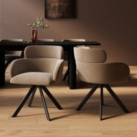 Set of 2 Beige Velvet Curved Swivel Dining Chairs - Isla