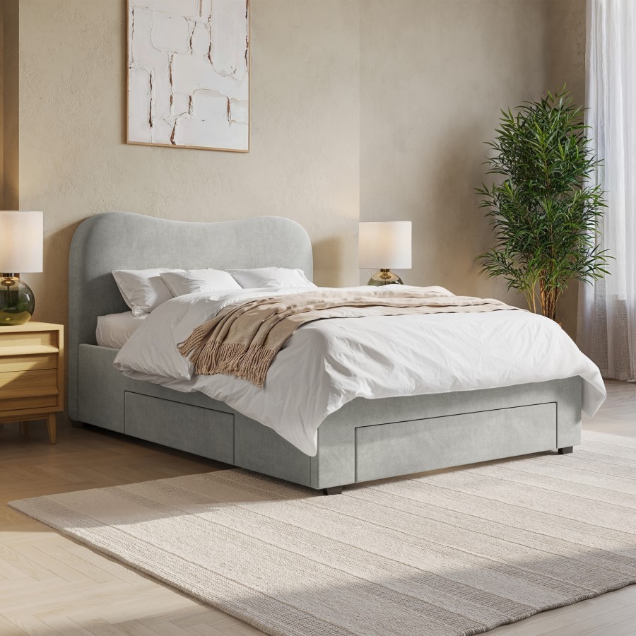 Grey Upholstered Double Bed Frame with Storage Drawers – Joanie