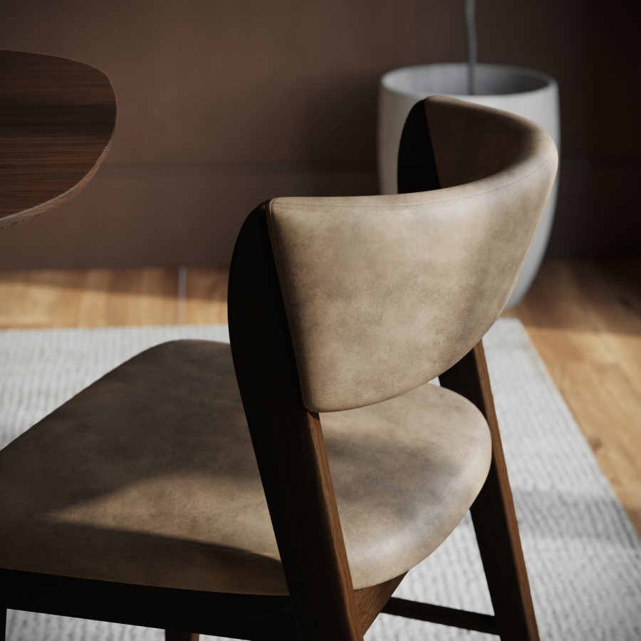 Set of 2 Beige PU Curved Back Wooden Dining Chairs with Walnut Finish Legs - June