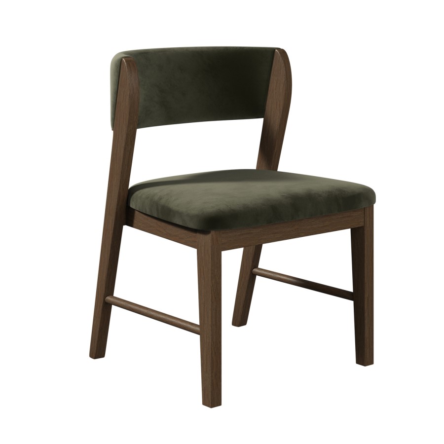 Set of 2 Green Velvet Curved Back Wooden Dining Chairs with Walnut Finish Legs - June