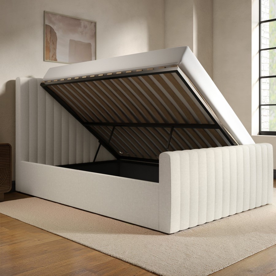 Cream Upholstered Double Side-Lift Ottoman Bed - Khloe