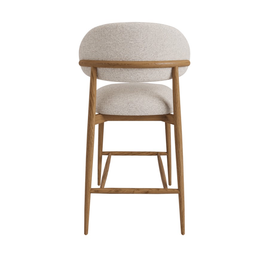 ONLY OPENED - Beige Upholstered Curved Kitchen Stool with Solid Rustic Oak Exposed Back - Kori